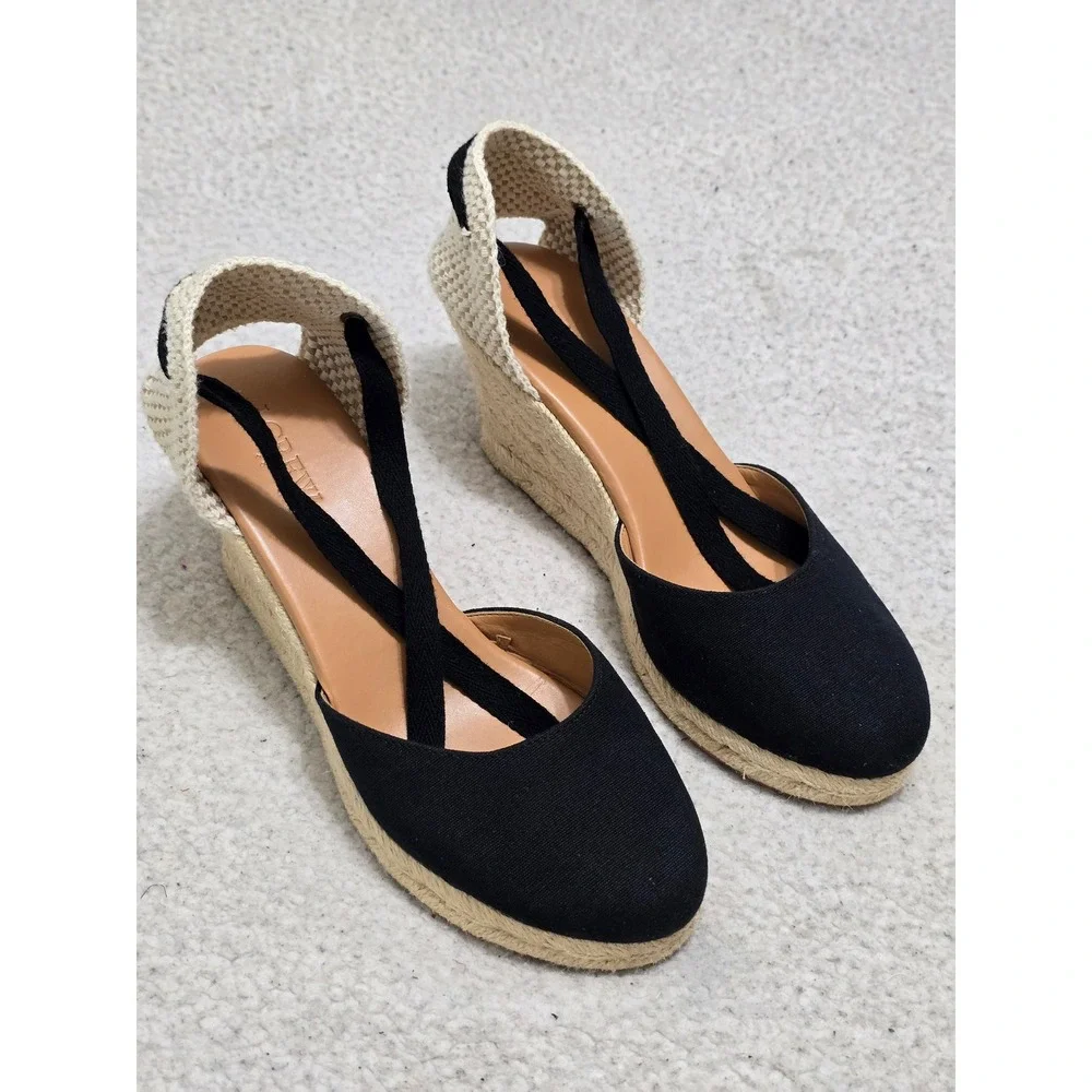 J.Crew Black Canvas Espadrille Wedge Sandals Lace Up Ankle Tie Cream Heel 7.5